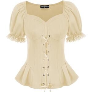 Cottagecore‎ Peasent Renaissance Cream Lace Up Front Top Sz Small